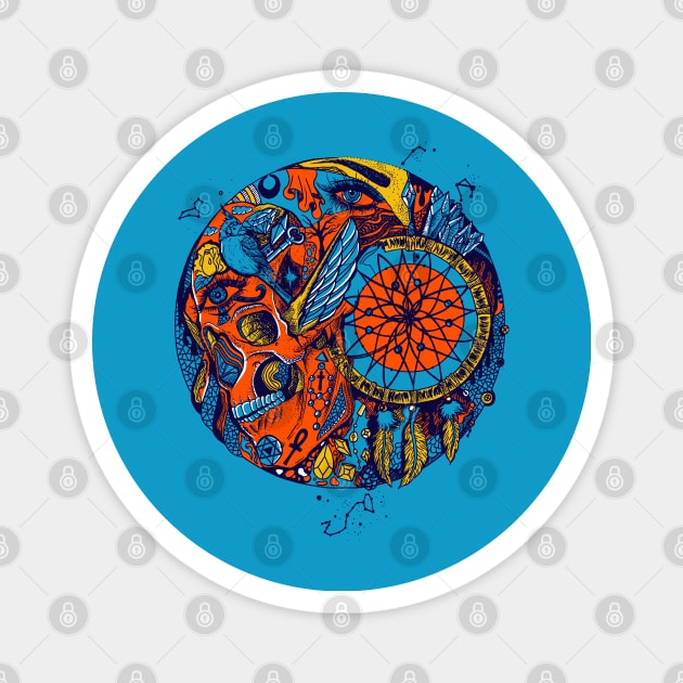 Orange Blue Skull and Dreamcatcher Circle Magnet by kenallouis
